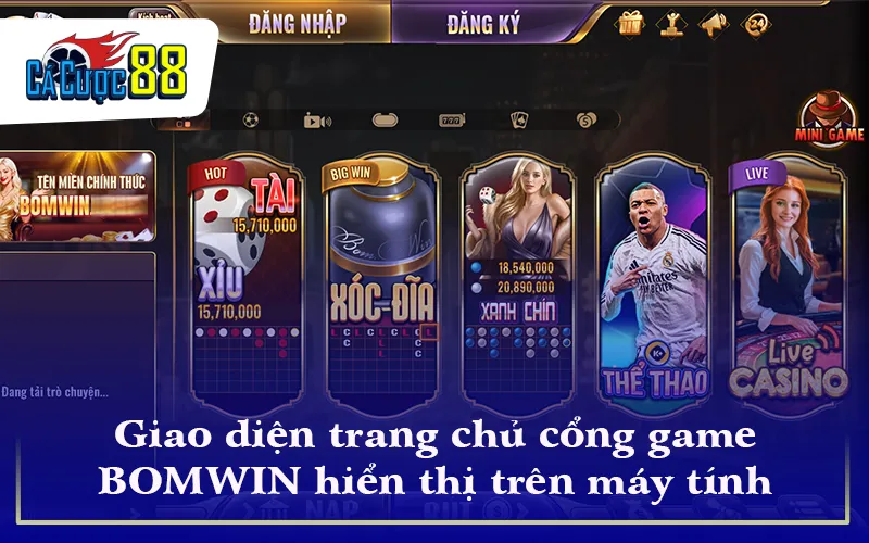 Giao diện trang chủ cổng game BOMWIN hiển thị trên máy tính